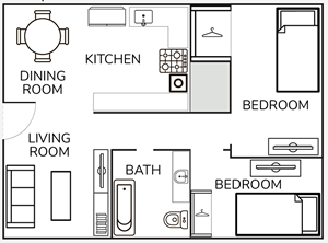 Two  Bedroom / One Bath - 904 Sq. Ft.*