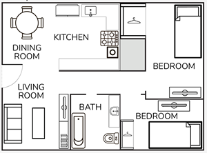 Two Bedroom / One Bath -904 Sq.Ft.*