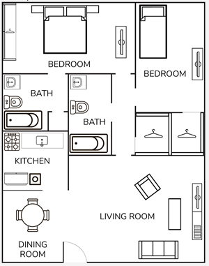 Two Bedroom / Two Bath -945 Sq.Ft.*